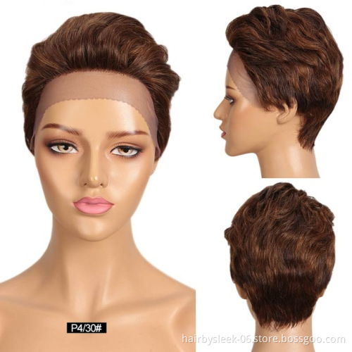 Rebecca Women Ombre Short Pixie Cut Human Hair Front Lace Wigs Dark brown Short Straight Wigs human Hd Lace Wig For Black Woman